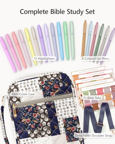 BellaHold Bible Cover Case with Shoulder Strap, Large Bible Bags for Women - color: Navy Patchwork