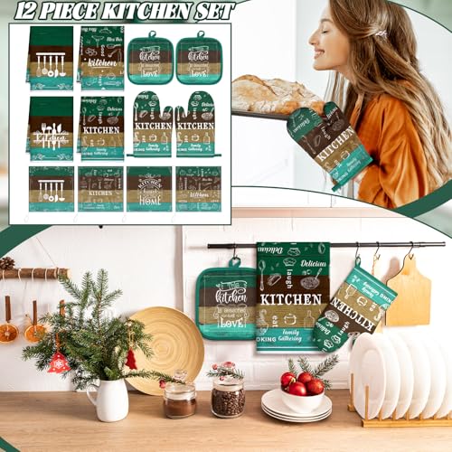 12 Pcs Farmhouse Kitchen Decor Sets 4 Teal Green Kitchen Towels 4 Teal Absorbent Dishcloths 2 Rustic Pot Holders 2 Oven Mitts Gloves for Home Decorations Mom Gifts - color: Teal Green, style: Classic