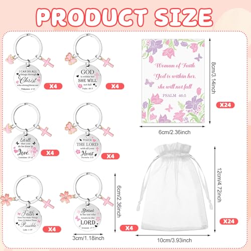 24 Sets Faith Christian Keychain Gifts for Women Religious Butterfly Cross Stainless Steel Key Chains Spiritual Bible Verse Cards with Organza Bags for Easter Christmas Baptism Coworker
