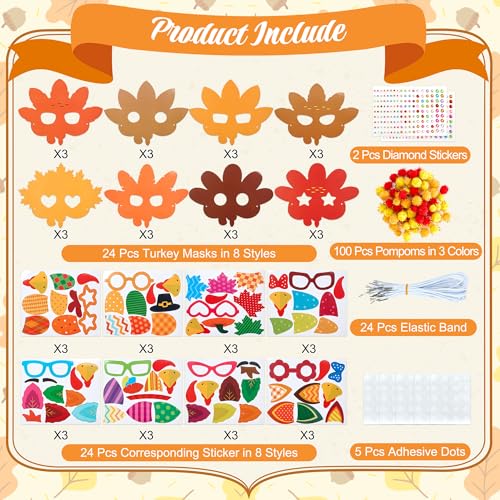 24 Sets Thanksgiving Turkey Masks Craft Kits DIY Turkey Face Mask Craft Kit - color: Turkey Masks