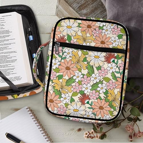Coldinair Flower Bible Cover for Women Daisy Floral Book Case Tote Bags Hippie Floral Polyester Church Bible Protective with Handle and Zippered Pocket Carrying Book Case - color: Beautiful Flower