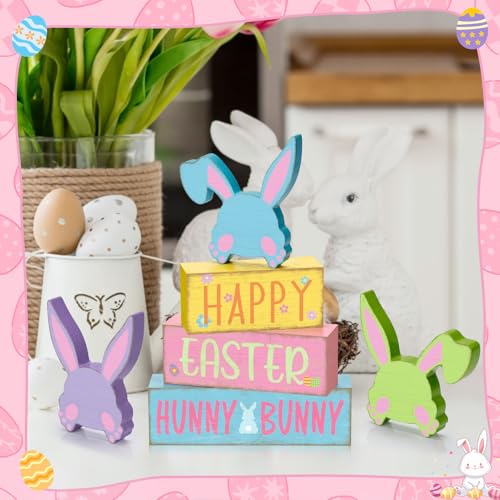 Britimes Tiered Tray Decor Set, 4 Pack, Wooden Table Sign, Spring Easter - style: Hunny Bunnies