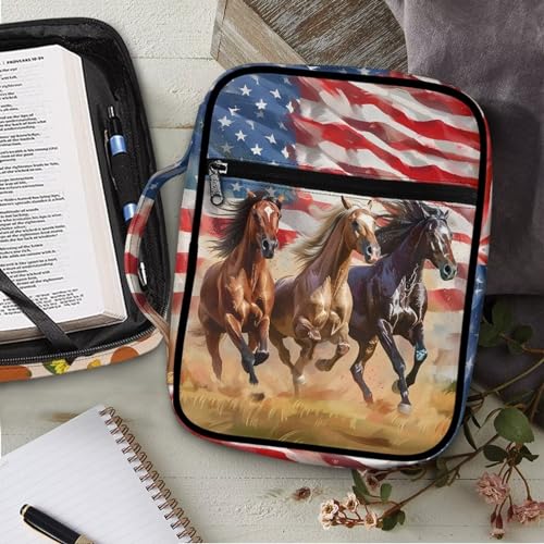 Suobstales American Flag Horse Print Bible Covers for Women Men,Carrying Book Bible Case Church Bag Lightweight Bible Bag Bible Protective with Handle and Zippered Pocket - color: American Flag Horse