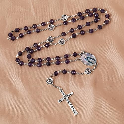 Nazareth Store Natural Stone Beads with Miraculous Epoxy Heart Metal Beads Rosary Necklace Gemstone Christian Gifts - color: Amesthyst