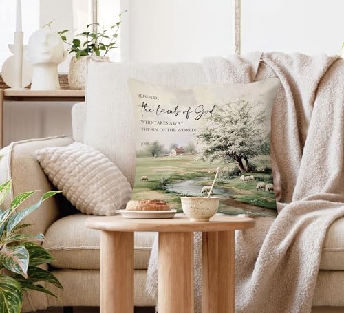 Voatok Vintage Christian Pillow Covers 18x18, Behold The Lamb of God Religious Bible Verse Decorative Throw Pillow Covers Pillowcases Decorations for Home Bedroom Sofa Bed Couch Decor