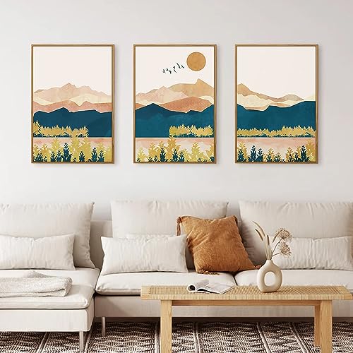 HPINUB Mountain Framed Canvas Wall Art Set, Mid Century Modern Wall Decor, Set of 3 Boho Artwork Nature Art Paintings, Bohemian Art Prints for Living Room, Bedroom, Dining Room, Office-24 x36 x3 - color: Abstract Nature Wall Art, size: 24"L x 36"W