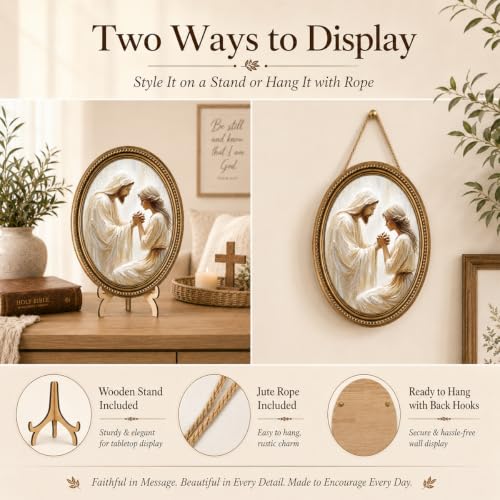 Christian Wall Decor, Vintage Jesus Oval Wood Sign for Wall and Tabletop