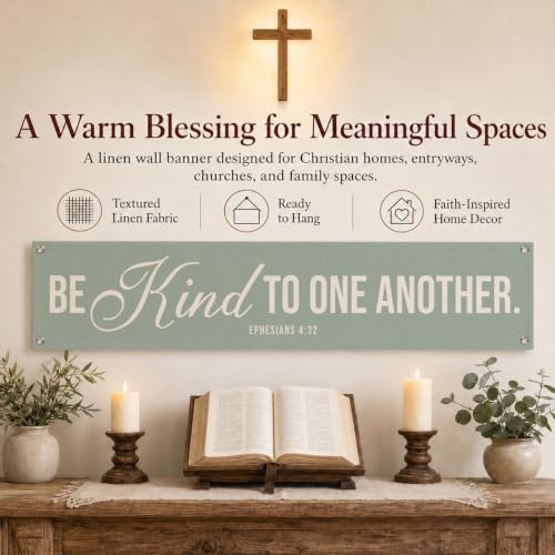 Inspirational Christian Decor Banner, Be Kind to One Another Scripture Hanging Decoration, Wall Decor Arts for Wall Porch Entryway Front Door, Encouraging Faith Quote with Ephesians 4:32, 48x9 Inches - color: color_name05
