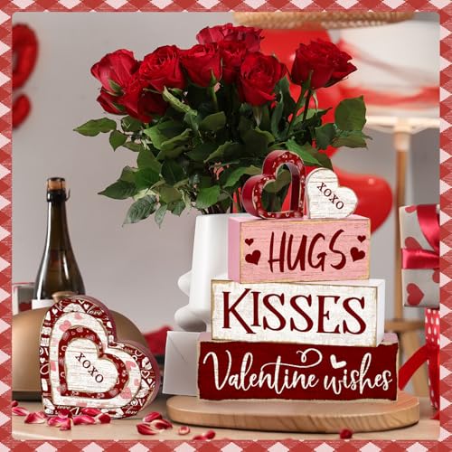 Britimes Tiered Tray Decor Set, 4 Pack, Wooden Table Sign, Red Valentine - style: Hug Kisses