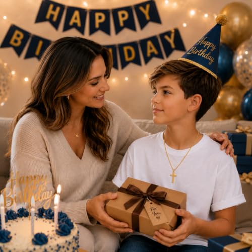 Small Cross Necklace for Boys Baptism Christmas Confirmation Valentines Easter Birthday Gifts to Teens Son Grandson Nephew - color: gold, style: Happy Birthday