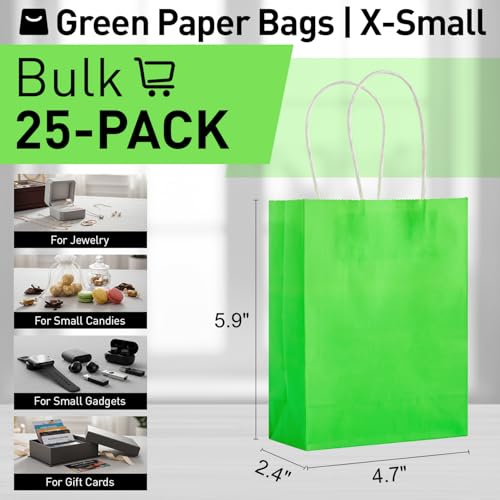 SUNCOLOR Small Green Paper Gift Bags with Handles, 25-Pack,6" Mini bags for Jewelry, Candies, Gadgets, Party Favors - color: Green