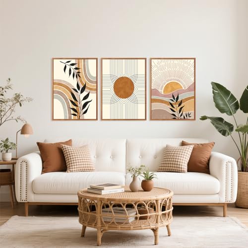 HPINUB Boho Framed Canvas Wall Art Prints, (Set of 3,12X16 Inch) Mid Century Modern Wall Decor, Nature Plants Desert Sun Art Paintings, Bohemian Artwork for Living Room, Bedroom, Dining Room, Office - color: Mid Century Modern Wall Art