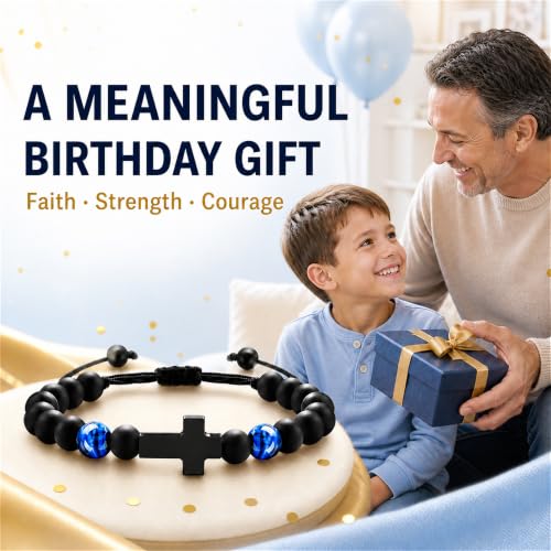 Boys Cross Bracelet, Adjustable Tiger Eye Bead Bracelet - color: B-Birthday