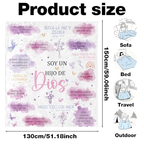 Spanish Christian Gifts for Women, Religious Bible Verses Throw Blanket, Soft Fuzzy Inspirational Faith Flannel Blanket Prayer Gift for Mother, Sister, Daughter Throw Blankets 50'' x 60'' - color: Purple-spanish Christian
