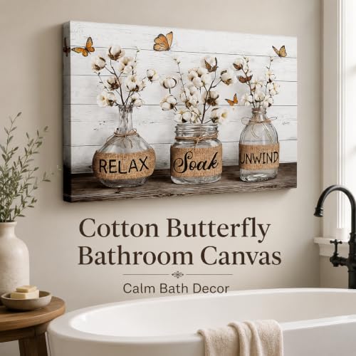 Relax Soak Unwind Canvas Wall Art, Farmhouse Bathroom Painting Picture Wall Decor, Cotton Flower Butterfly Poster Print Artwork for Restroom Home Decoration 12x16in - color: Mason jar, size: 16"L x 12"W