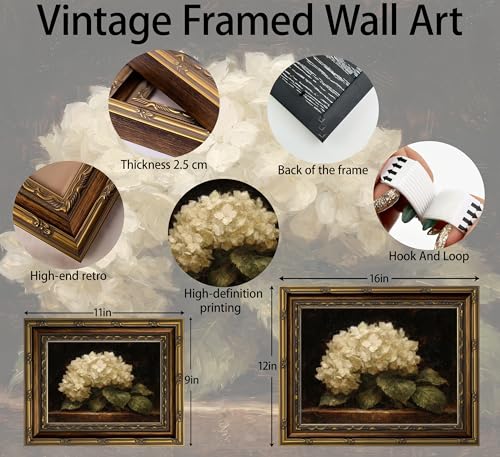 sezhylee Vintage White Hydrangea Framed Wall Art Vintage Floral Wall Decor - color: Hydrangea, size: 16"L x 12"W