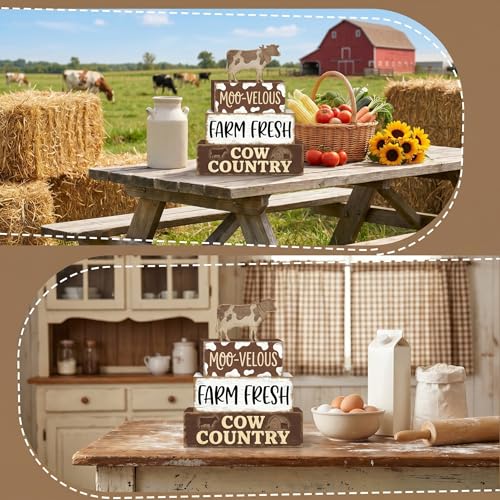 Britimes Tiered Tray Decor Set, 4 Pack, Wooden Table Sign, Cow Farmhouse - style: Brown Cow