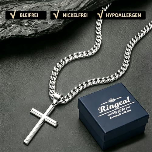 Ringcal Cross Necklace for Men with Gift Box,Silver Gold Stainless Steel Cross Pendant Necklace Mens Crucifix Chain Necklace - color: Silver, size: 22inch
