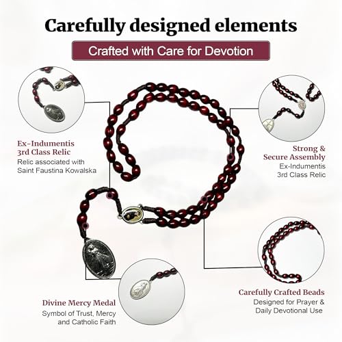 SANCTUM VERITAS Saint Faustina Kowalska True Relic Chaplet Apostle Divine of Mercy Miraculous Medal Jesus I Trust in You Chaplet Three O' Clock Prayer Poland Polish Novena - color: Cherry on the Cord