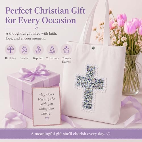 Christian Tote Bag Gift for Women, Canvas Bible Bag Handmade Floral Cross - color: White-lavender Field Floral