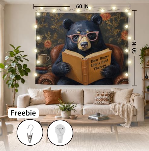 Elpwk Bear Reading Book Lover Tapestry Wall Decor 50x60 Inch - color: Bear-shaped Reading