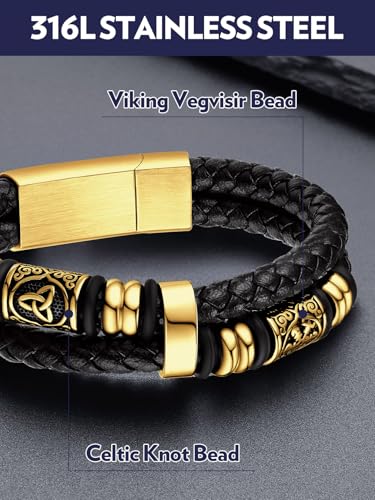 Bandmax Men's Black Double Wax Rope Bracelet Waterproof Stainless Steel Norse Style Celtic Knot Beads Wristband 7-9 Inch Gift for Men Father Husband Son Grandson - color: 03 Gold Tone, size: 8.26 Inches (21cm)