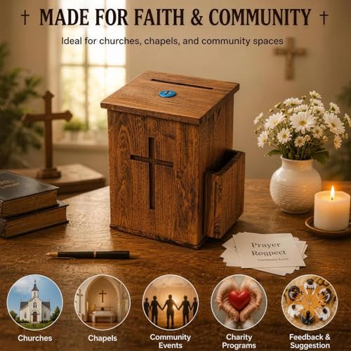 Wooden Donation Box with Lock, Prayer Request Box, Church Offering & Suggestion Box