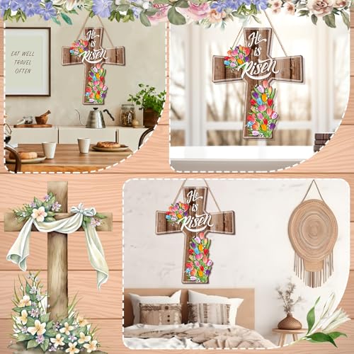 BBTO Spring Door Sign He Is Risen Hanging Decor Religious Cross Wreaths Tulip Sign for Front Door Christian Flowers Lent Hanging Hanger for Farmhouse Front Porch(vivid Flower, 13.1 x 10.6 Inches) - size: 13.1 x 10.6 inches, style: Vivid Flower