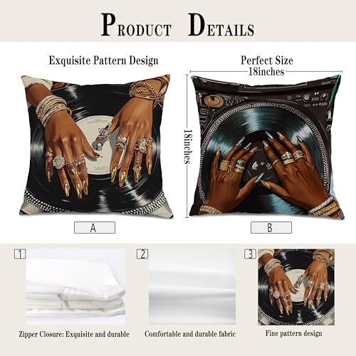 Trendy Black Girl Vinyl Record Throw Pillow Covers 18x18, Black Women Gifts, Luxury African American Decorative Pillow Covers for Home Bedroom Music Room Studio, Set of 2 - color: Colour -V
