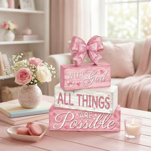Britimes Tiered Tray Decor Set, 4 Pack, Wooden Table Sign, Pink Bow - style: Pink Bow