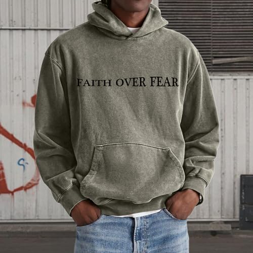 Christian Faith Over Fear Hoodies for Men Jesus Religious Graphic Sweatshirt Bible Verse Acid Wash Pullover Hoodie - color: Green, size: Medium