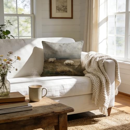 Moody Vintage Sheep Throw Pillow Cover 18x18, Country Cottagecore Farm Animal Decorative Pillow Covers for Rustic Farmhouse Home Living Room Bedroom Bed Couch - color: 08color