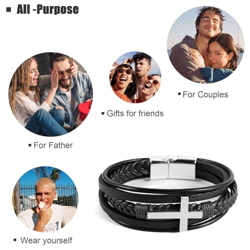 Leather Bracelet for Men Braided Stainless Steel Mens Bracelets - color: Black-SilverCross