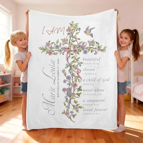 Personalized Baptism Blanket for Girl, Custom Floral Cross Christian Blanket, Catholic Christening Gift, Baby Girl Scripture Throw, Baptized in Christ Blankets, Goddaughter Keepsake, Nursery Decor - color: #Ver4