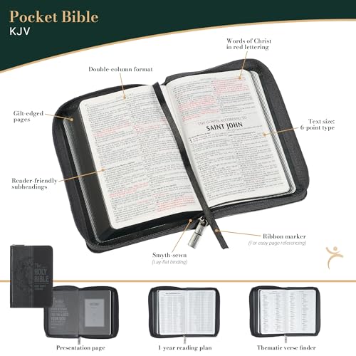 KJV Holy Bible, Mini Pocket Size, Red Letter, Reading Plan, Thematic Verse Finder, Ribbon Bookmark, King James Version, Vegan Leather, Black/Gray Zipper Closure, 6.2" x 4.3" (KJV Pocket Editions)