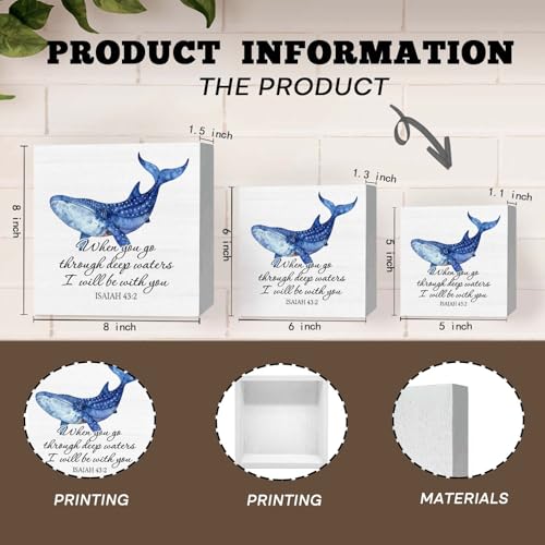 Christian Coastal Whale Wooden Box Signs Desk Decor, Christian Beach Home Decor, Bible Verse Religious Wooden Signs Desk Decorations for Home Bedroom Office Tabletop Shelf Wall, 5x5in