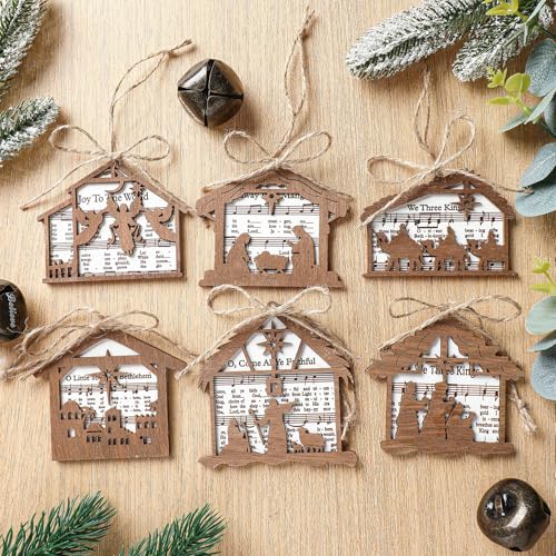 Shellwei 24 Pcs Christmas Ornament Bulk Wooden Nativity Scene Music Sheet - style: Vintage