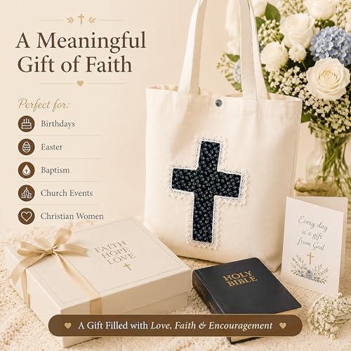 Christian Tote Bag Gift for Women, Canvas Bible Bag Handmade Floral Cross - color: Cream-black Ditsy Floral