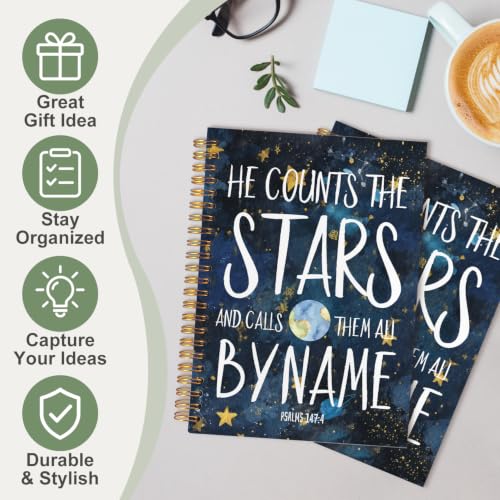 Stars Psalms147:4 Bible Notebook for Women Men, Christian Journal,He Countes The Stars Christian Church Notebook Hardcover Spiral Notebook, 5.5x8.3 Inch - color: white-Stars Psalms147:4 Bible