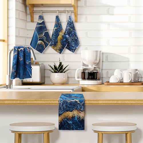 Boyiee 6 Pcs Marble Hand Towels Blue and Gold Kitchen Towels Dish Cloths - color: Blue and Gold Marble