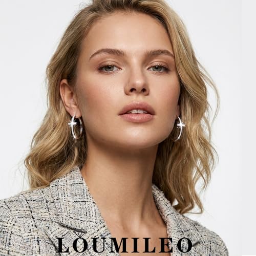 LOUMILEO Sterling Silver Cross Hoop Earrings for Women Rhinestone 20-40MM - color: Sliver 30MM