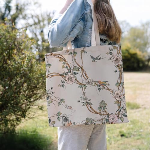 Christian-Flowers-Inspirational Motivational Gifts Canvas Tote Bag for Women,Reusable Shopping Grocery Bags - color: Floral-vintage Floral Bird