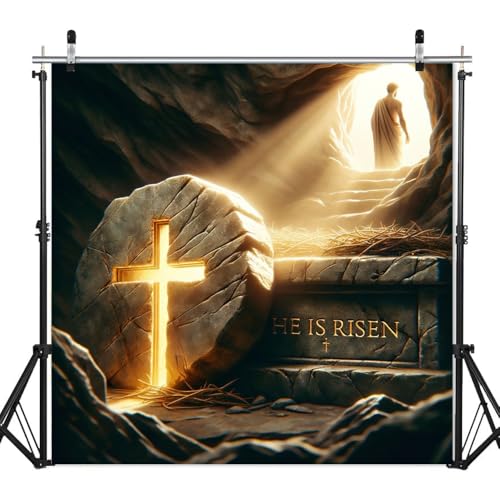 6x6ft Easter He is Risen Backdrop Resurrection of Jesus Tomb Backdrops for Photography Religious Cross Holy Lights Christian Easter Church Decorations Holy Week Photo Booth Props - color: Black, size: 6x6ft