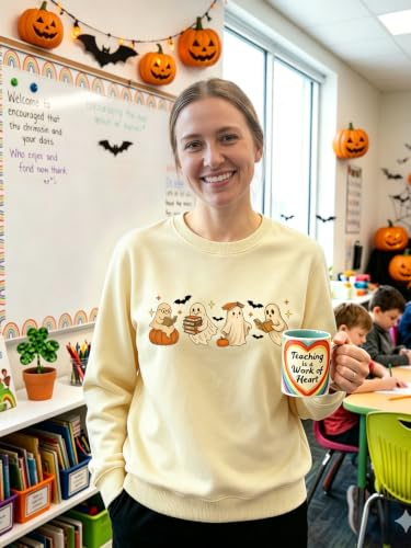 Teacher Halloween Sweatshirt Women Cute Ghost Reading Books Tops - color: A-apricot, size: Small