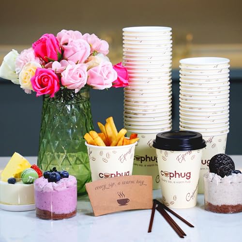 12oz Disposable Coffee Cups with Lids, Kraft Sleeves & Straws, 100 Pack Black Paper Hot Drink Cups - color: Yellow, size: 12oz-100Pack