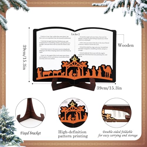 AceOrbit Jesus Wooden Christmas Nativity Story Table Centerpiece 15.7 * 11 Inch Luke 2 Scripture Catholic Religious Christian Book Sheet Nativity Scene Sign for Xmas Birth of Jesus Decor
