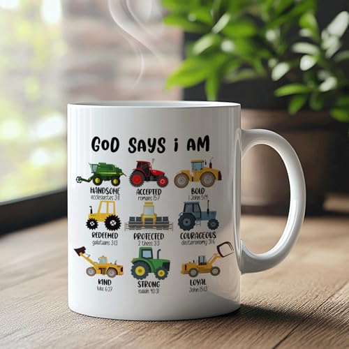 God Says I Am Christian Construction Mug, Bible Verse Coffee Cup Ceramic, Christian Gifts for Kids, Religious Scripture Ceramic Coffee Tea Mug 11 oz