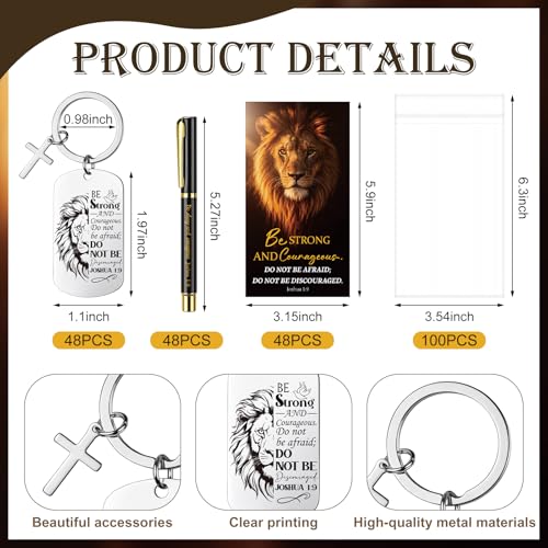 Gueevin 48 Sets Be Strong Christian Gifts for Fathers Day Bulk, Bible Verse Keychain Pen Card Gift Set for Men Dad Pastor Church (Be Strong)