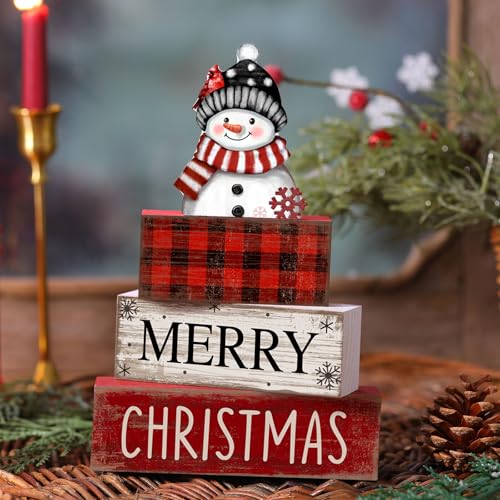 Lineshading 4 Pcs Christmas Table Decoration Wooden Snowman Decor Christmas Tiered Tray Decor Red Buffalo Plaid Block Signs Snowman Table Centerpiece Farmhouse Winter Decoration for Home Kitchen Shelf - style: Christmas Snowman