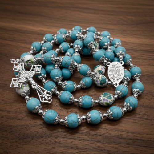 Nazareth Store Catholic Turquoise Marble Beads Rosary Flowers Beaded Necklace Miraculous Medal Cross Crucifix Silver Tone Rosaries in Velvet Bag